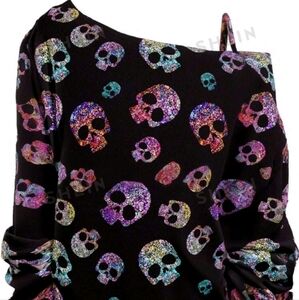 SHEIN LUNE Casual Minimalist Full Laser Skull Print Open Shoulder 1X New